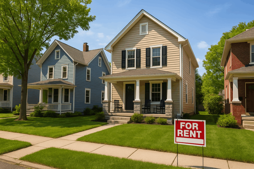 Picture of house with for rent sign in the front