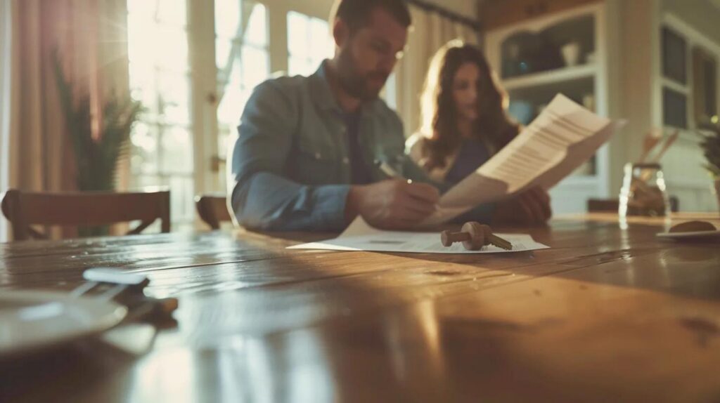 A warm, photorealistic image of a family sitting at a wooden kitchen table reviewing legal documents and a house key, soft natural window light, coastal Maryland home interior, neutral beige and navy color palette, professional real estate blog photography style, no visible text or logos, 16:9 aspect ratio
